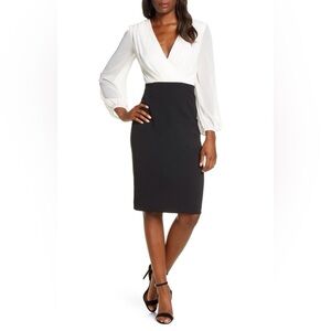 Harper Rose Size 4 Black White Faux Wrap Long Sleeve Sheath Dress Knee Length